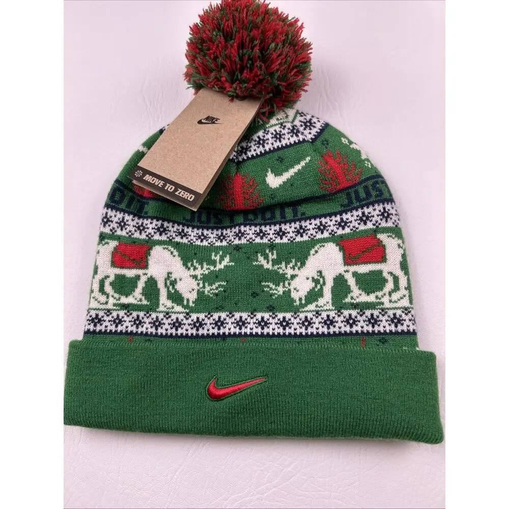 Nike Christmas Pom Beanie Hat Green Reindeer Just Do It Cuffed One Size NWT
